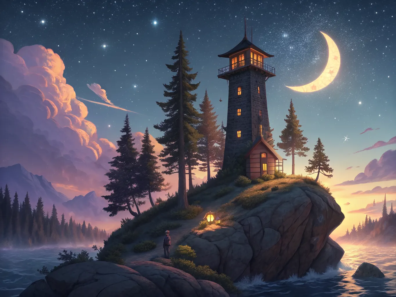Illustration of a server tower on a floating island under a night sky